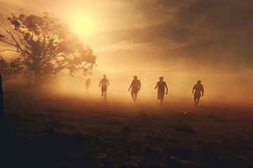 Misty morning sunrise with the zombies walking on the mountain background. Dead men running dramatic Halloween scene