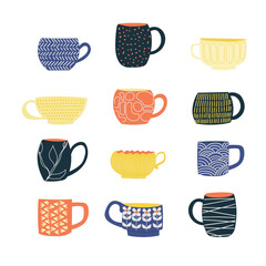 Set with cute tea or coffee cups, hand drawn vector illustration, isolated on white background