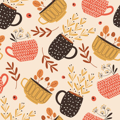 Seamless pattern with cute cups and seasonal plants and branches, autumn color vector illustration