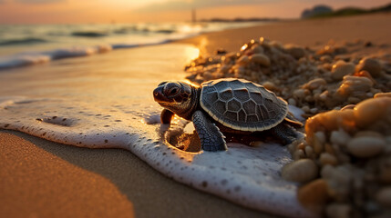 Obraz premium Tiny Turtle Embarking on Morning Sea Journey