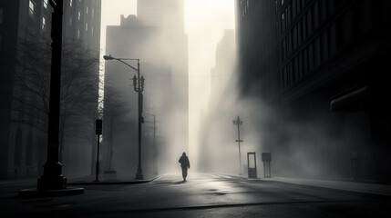 Eerie Fog-Covered Alley with Lone Figure in Urban Landscape