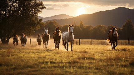 Sunrise Gallop: Herd of Horses Running Across Meadow