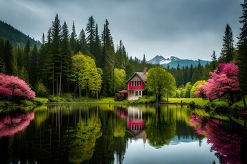 Fototapeta premium a serene tableau of a cottage by the water's edge, flanked by a lush forest in full bloom, its trees awash with the vibrant colors of spring