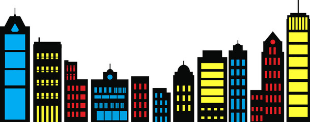 Landscape set of buildings silhouetted on white background. A black outline of low-rise and high-rise complexes and skyscrapers.