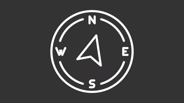 White icon animation of navigational compass, HD video with transparent background, seamless loop 4K video representing hiking gear.