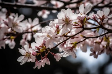 Fototapeta premium closeup of branches and leaves of a cherry blossom tree