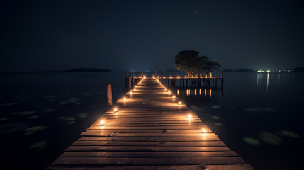 Night Pier Illumination Overlooking the Tranquil Sea