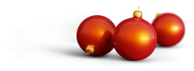 Three red Christmas baubles isolated on transparent background. Christmas decoration. 3D render.