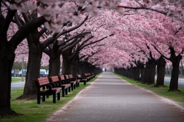 copy space of cherry blossoms in a park with blurred out background