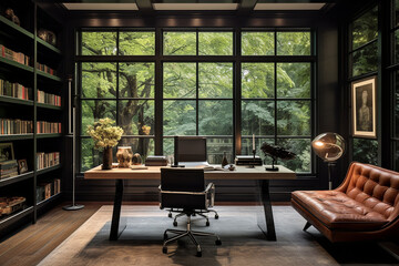 Office Room With A Window, Nature Background, Green Office Room, Home Office Workspace, Home Office Room