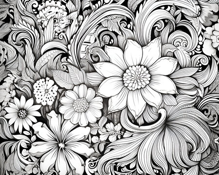 Black and white floral pattern with leaves and flowers coloring pages,  beautiful flowers coloring pages, generative Ai
