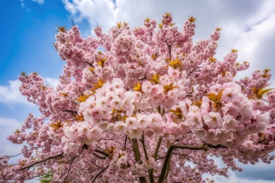 closeup of a beautiful cherry blossom tree in blossom against a cloudy blue sky background