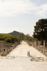 Ephesus was a city in Ancient Greece on the coast of Ionia, 3 kilometres southwest of present-day Sel&ccedil;uk in İzmir Province, Turkey. No one in photo.