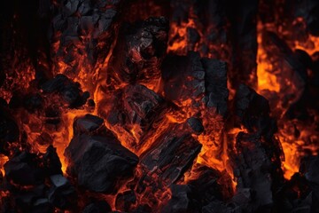 close-up of glowing embers in a dark fireplace - obrazy, fototapety, plakaty
