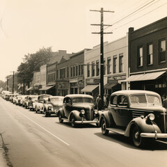 1940 road with cars parked along side of road.