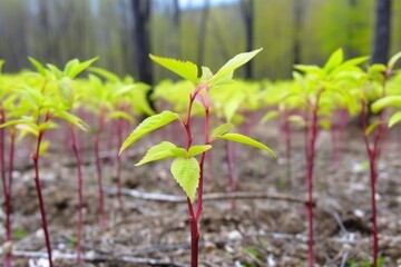 closeup of young sakura trees growing outdoors in a forest