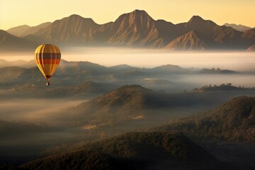 hot air balloon deflating near mountains with fog