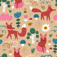Photo sur Plexiglas Renard Seamless childish pattern with cute foxes. Creative kids forest texture for fabric, wrapping, textile, wallpaper, apparel. Vector illustration
