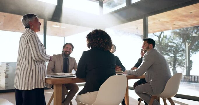 Proposal, meeting and woman with business people in office for brainstorming and corporate workshop. Strategy, planning and team of women and men in conference room for discussion, motivation and b2b