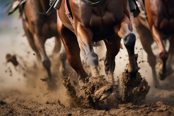 close-up of a racing horses hooves kicking up dirt on the track - obrazy, fototapety, plakaty