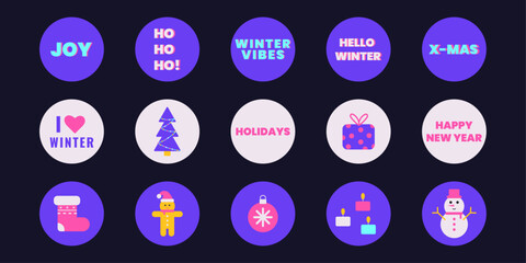 Set of winter stickers vector illustration. Isolated dark background