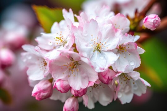 closeup of cherry blossom tree flowers with bokeh copy space in spring