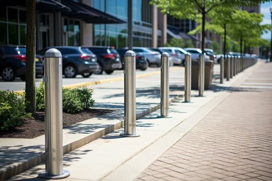 Steel posts line the sidewalk near the parking area. Generative AI
