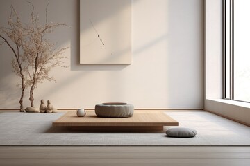 a minimalist room with a meditation cushion and an incense holder