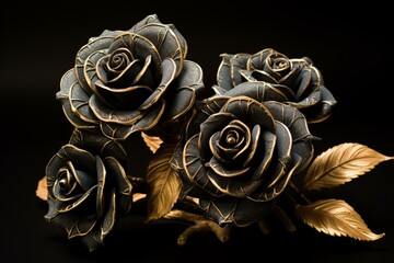 Roses made from dark stone adorned with golden accents. Generative AI