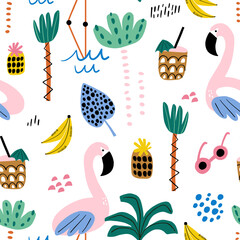 Seamless tropical pattern with flamingo, palm and tree summer elements. Vacation style vector texture.
