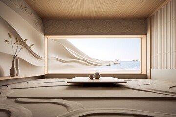 a minimalist room with a zen sand garden