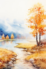 Simple watercolor autumn landscape scenery. Beautiful nature fall season background.