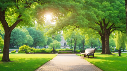 Nature in a beautiful urban City park bench with green trees Ai Generated