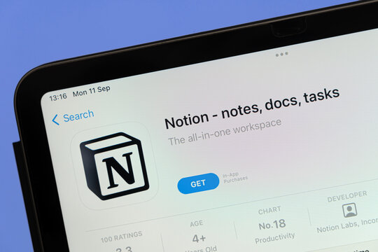 Ostersund, Sweden - Sep 11, 2023: Notion app on an ipad. Notion is a freemium productivity and note-taking web application developed by Notion Labs Inc.