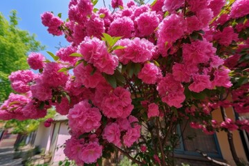 closeup of pink flowering tree in a garden in summer