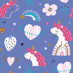 Seamless kids pattern with cute unicorns, heart planet, rainbow, star. Childish girlish creative pink texture. Vector illustration