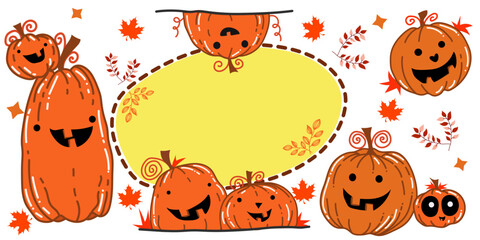 Happy and cute pumpkin cartoon hand drawn set, isolated vector design   