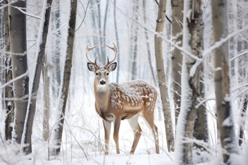 a deer grazing in a snowy forest clearing