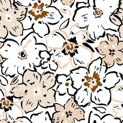 Seamless botanical pattern with hand drawn flowers, Floral outline style summer texture for fabric, textile, apparel. Vector illustration - 646365765