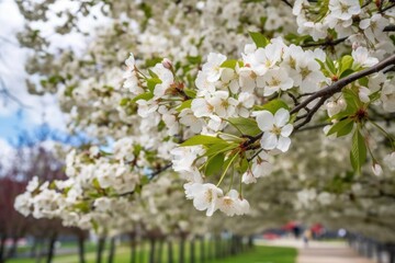 closeup of white cherry blossom flowers in a copyspace park
