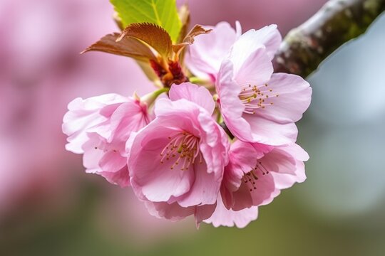 closeup of a pink cherry blossom flower on a tree branch in the park during spring