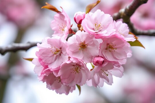 closeup of a pink cherry blossom flower on a tree branch in the park during spring