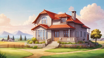 Cartoon country house in forest with green lawn trees Ai Generated
