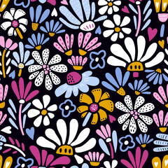 Seamless pattern with hand drawn plants, flowers, leaves. Floral background. Great for fabric design, wallpaper, apparel. Botanical bold vector illustration - 646366116