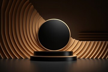 black podium with golden lines on a black background. realistic pedestal. dark background.