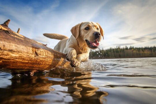 labrador retriever trying to fetch a log on a lake shore