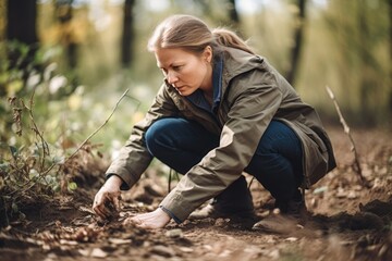 shot of a female biologist taking samples from the soil at a nature reserve