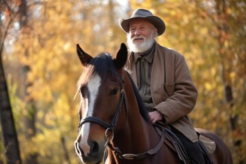 Obraz premium friendly, handicap and old man on horse outdoor in park for retirement, adventure or hobby