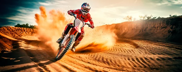 Fototapeten Extreme Motocross MX Rider riding on Sand track , desert on the background. © Александр Марченко