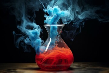 Chemical reaction in flask: red liquid, blue smoke. Generative AI - obrazy, fototapety, plakaty